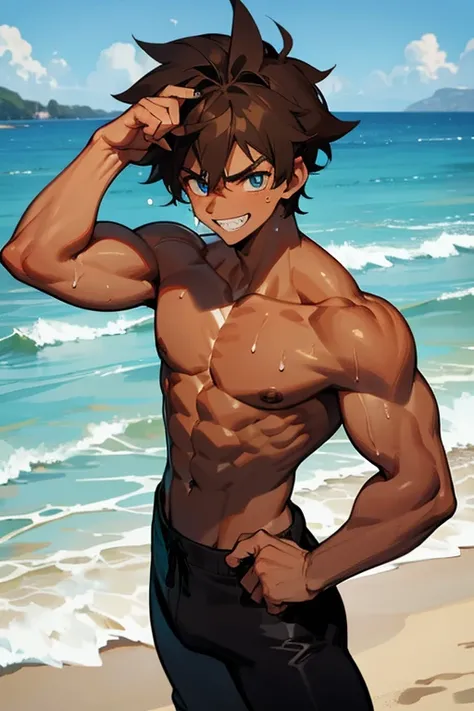 a tanned male with messy brown hair with blue eyes wearing black pants and at a beach flexing and smiling , sharp teeth, sweating, abs, muscles, sweating, 2 people.