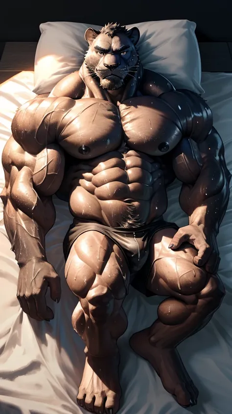 there are two characters, many furry anthro male, from head to feets, lying on black bed, oiled sweat stain, hairy, panther animal face and human body, steroids used bodybuilder, ultimate bulk, muscular men, male art, gigachad muscles, muscular men, male a...