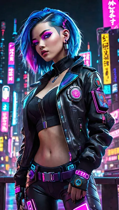 the image depicts a stylized, animated character with a cyberpunk aesthetic. the character has vibrant blue hair and striking pu...