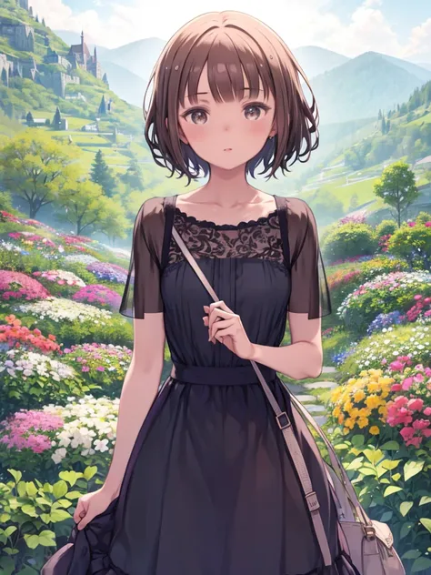 A girl in a dress standing in front of flowers、Short Hair Channel, wavy, Brown, Clear Skin, Round face, Casual Dresses, 25-year-old female