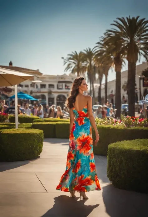 ultra realistic photo of a beautiful brunette model wearing a colorful dress and heels, shopping in la jolla, California, lots of people in background shopping