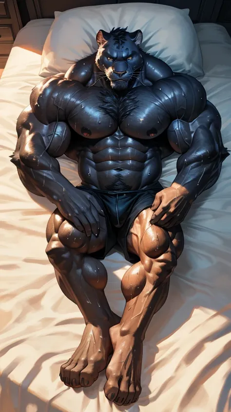 there are two characters, many furry anthro male, from head to feets, lying on black bed, oiled sweat stain, hairy, panther animal face and human body, steroids used bodybuilder, ultimate bulk, muscular men, male art, gigachad muscles, muscular men, male a...