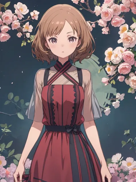 A girl in a dress standing in front of flowers、Short Hair Channel, wavy, Brown, Clear Skin, Round face, Casual Dresses, 25-year-old female、(((Anime Lineart))) 