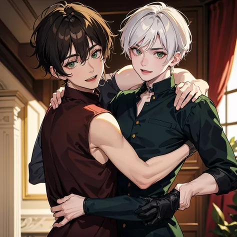 Two young men hugging.one is beautiful ,18years old with white short hair and green eyes with cute smile.the other is serious characterized ,23years old with black wolfy haircut and yellowish brown eyes,smiling with soft smile