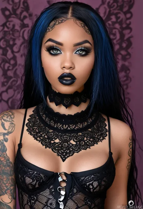 Create a photo realistic hyper realistic heavily tattooed young adorable African goth girl, beautiful perfect face, vibrant sapphire eyes, thin curved black eyebrows, long luscious eyelashes, black eyeliner, black eye shadow, puckered curved lips, thick bl...