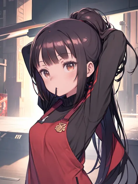 Anime girl with black hair and a red jacket posing for the camera、(masterpiece, Best Quality), One girl, Beautiful Face, Tie your hair in your mouth, Dark reddish hair, Place your arms behind your head, Medium brown skin tone,Brown eyes, Black top and grey...