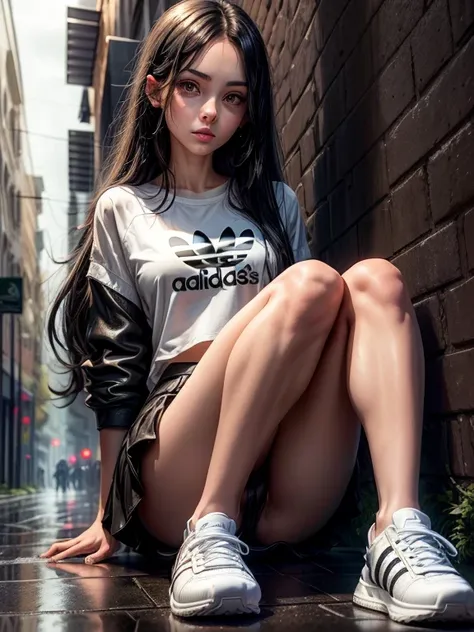 {Freya Tingley, slender, slim waist, perfect body, its raining, shes in an alley Against a wall, Brick wall, doodling, Dim lighting, alley, its raining, rainy weather, cloudy sky raining, shes all wet) , (long black hair), (detailed eyes), (bright green ey...