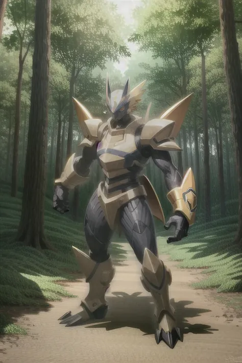 masterpiece, best quality, gabumon, solo, claws, creature, full body, red eyes, sharp teeth, single horn, solo, standing,  digimon (creature), looking at viewer, forest background