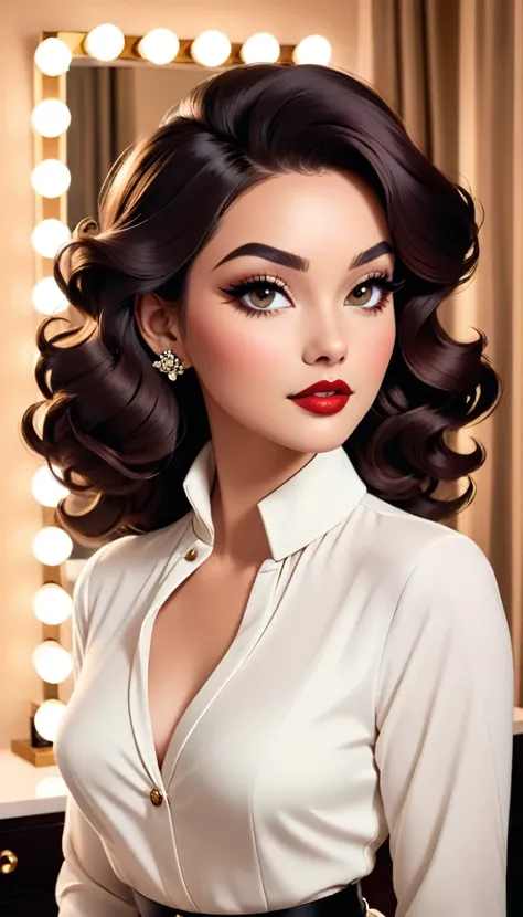 the image features a woman exuding an air of elegance and glamour. her makeup is done in a sophisticated style, with defined eye...