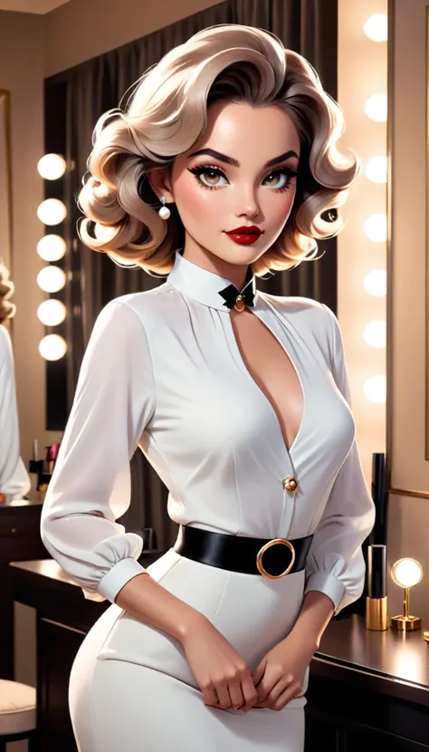 the image features a woman exuding an air of elegance and glamour. her makeup is done in a sophisticated style, with defined eye...