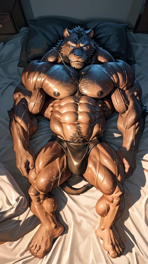 there are two characters, many furry anthro male, from head to feets, lying on black bed, oiled sweat stain, hairy, panther animal face and human body, steroids used bodybuilder, ultimate bulk, muscular men, male art, gigachad muscles, muscular men, male a...