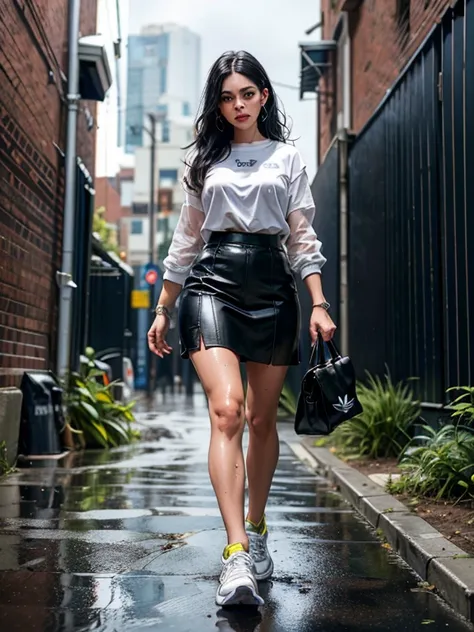 {Freya Tingley, hot, slim waist, perfect body, she is in an alley Against a wall, Brick wall, doodling, Dim lighting, alley}, (long black hair), (detailed eyes), (bright green eyes), (shy appearance wearing a large mens shirt and very short black genuine l...