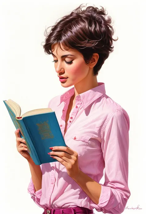 crea una mujer con pelo corte pixie ,con camisa rosa , leyendo un libro obra maestra, estilo ilustracion de Ali Erturk, alto detalle, hiperrealista, luz natural,ilustracion , colores llamativos
