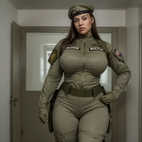 "(best quality, highres, realistic:1.37), woman in army military outfit, beautiful detailed appearance, serious expression, wearing a military uniform with tactical pants and a military shirt, tactical pants with warrant officer chevrons on the shoulders, ...