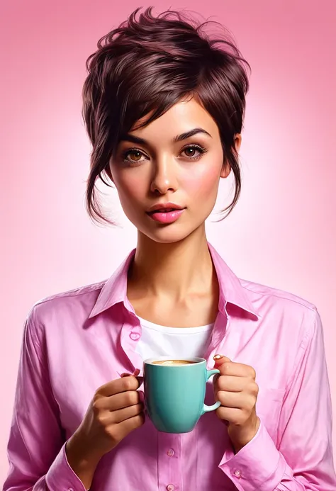 crea una mujer con pelo corte pixie ,con camisa rosa , con una taza de cafe ,obra maestra, estilo ilustracion de Ali Erturk, alto detalle, hiperrealista, luz natural,ilustracion , colores llamativos
