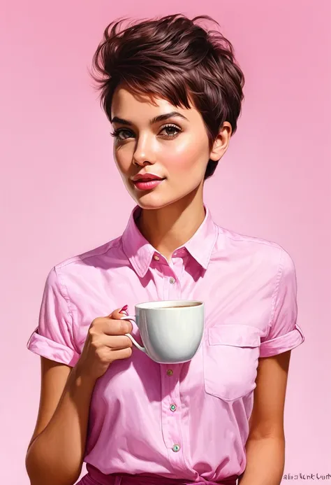 crea una mujer con pelo corte pixie ,con camisa rosa , con una taza de cafe ,obra maestra, estilo ilustracion de Ali Erturk, alto detalle, hiperrealista, luz natural,ilustracion , colores llamativos
