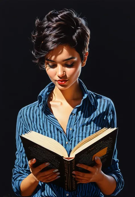 crea una mujer con pelo corte pixie ,con camisa negra , con un libro ,obra maestra, estilo ilustracion de Ali Erturk, alto detalle, hiperrealista, luz natural,ilustracion , colores llamativos
