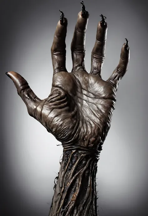 monstrous, deformed and emaciated hand with horror eyes on back and palm of hand photorealist style