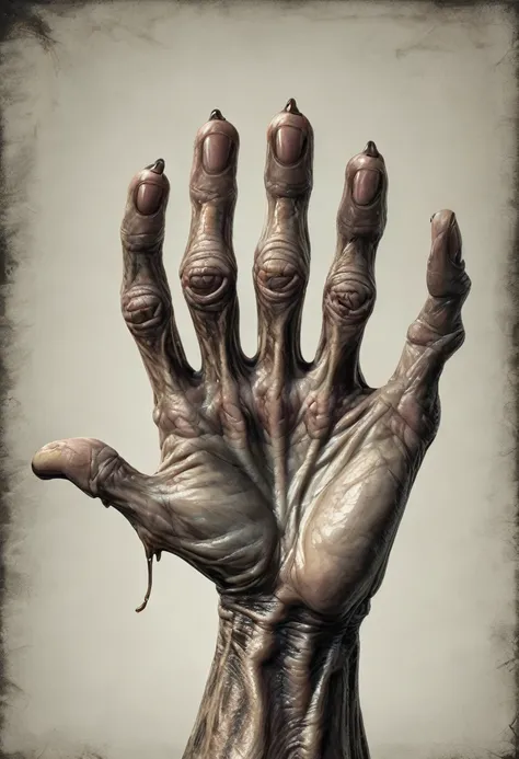 monstrous, deformed and emaciated hand with horror eyes on back and palm of hand photorealist style