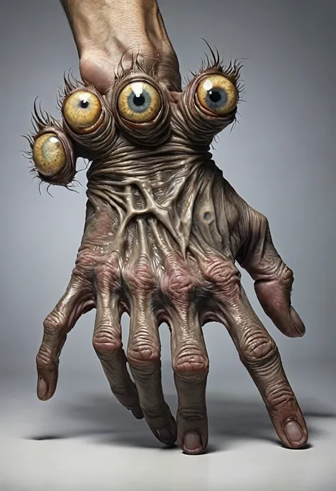 monstrous, deformed and emaciated hand with horror eyes on back and palm of hand photorealist style