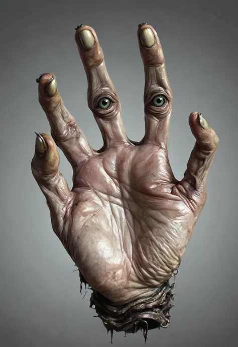 monstrous, deformed and emaciated hand with horror eyes on back and palm of hand photorealist style