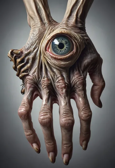 monstrous, deformed and emaciated hand with horror eyes on back and palm of hand photorealist style