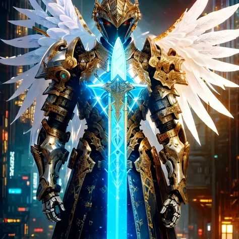 (masterpiece, best quality:1.2), a subject, A warrior in armour techno fantasy style, holy sword,(technological aggressive design), cyberpunk, 4K, UHD, (Photorealistic:1.4),Ultra high resolution, masterpiece, ultra realistic, ultra nitide, insane details, ...