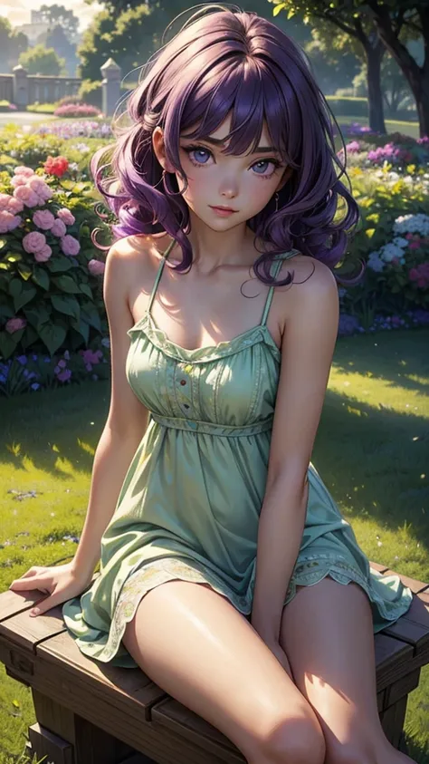 (masterpiece), (best quality), (detailed), light layer, 1solo girl, young girl, perfect body, purple hair in curls, defined large chest, small waist,defined collarbone, ultra realistic, photorealistic, detailed, ,Enhance, wearing a light green sundress, ga...