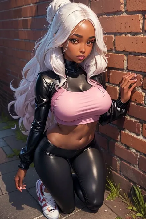 {Black woman, slim big ass, muscular thighs, slim waist, symmetrical body, perfect body, she is in an alley Against a wall, Brick wall, Dim lighting, alley}, (long wavy hair), (detailed eyes), (bright light eyes), (feeling sensual, wearing a very short pin...