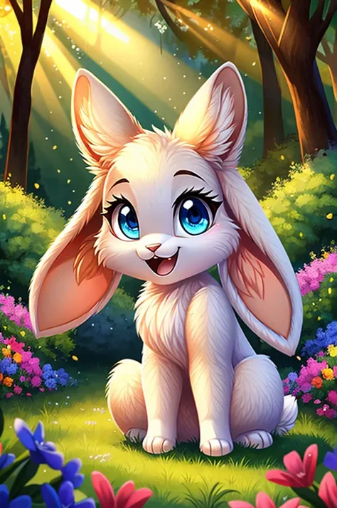 zoomed out image, fantasy style art, cute, adorable, tiny, small character, little fluffy anthropomorphic female white bunny wit...