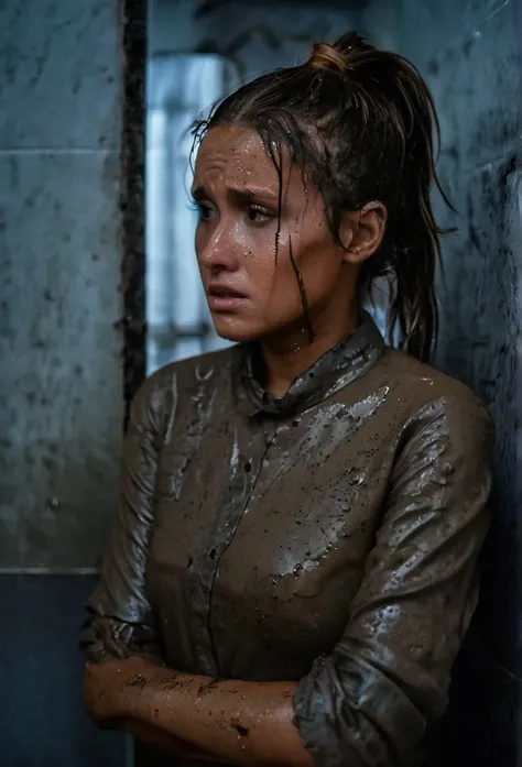 jeans,covered with mud,brown long ponytail haircut,detailed eyes and face,expression of despair,blouse,dark and moody lighting,s...