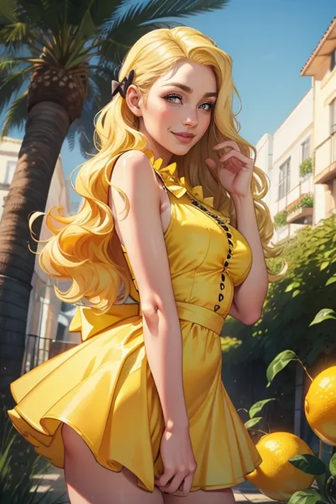 ultra detailed, minomi, one pretty woman 30year old, cute, pale skin, skinny, blonde-yellow hair, absurdly_long_wavy hair, hair-bow, big shiny-green eyes, eyelash, nose, pastel-red thin lip, smile, medium breasts, frilled dress, lemons, lemon tree,