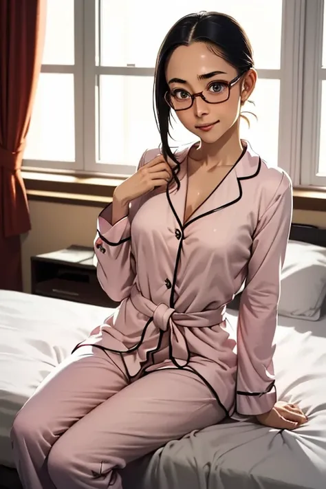 (masterpiece, highest quality), One Girl,  Satou, Satou, Glasses, pajamas, Satou, Glasses, 赤いフレームのGlasses, In bed:1.5,Head to waist,Hotel Rooms,pajamas姿,