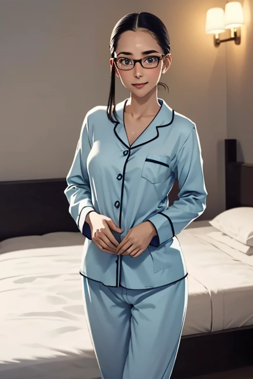 (masterpiece, highest quality), One Girl,  Satou, Satou, Glasses, pajamas, Satou, Glasses, 赤いフレームのGlasses, In bed:1.5,Head to waist,Hotel Rooms,pajamas姿,