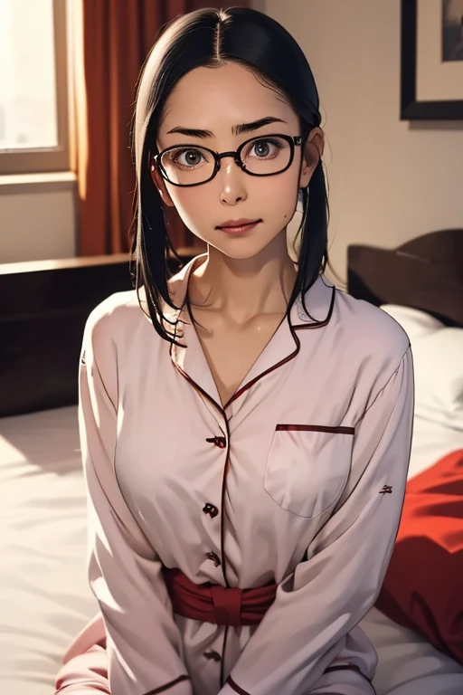 (masterpiece, highest quality), One Girl,  Satou, Satou, Glasses, pajamas, Satou, Glasses, 赤いフレームのGlasses, In bed:1.5,Head to waist,Hotel Rooms,pajamas姿,