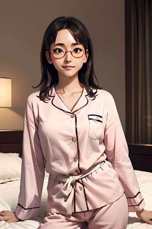 (masterpiece, highest quality), One Girl,  Satou, Satou, Glasses, pajamas, Satou, Glasses, 赤いフレームのGlasses, In bed:1.5,Head to waist,Hotel Rooms,pajamas姿,