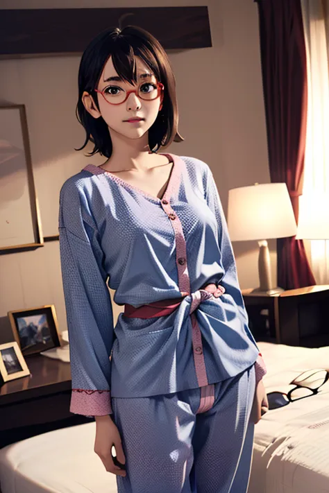 (masterpiece, highest quality), one girl,  satou, satou, glasses, pajamas, satou, glasses, 赤いフレームのglasses, in bed:1.5,head to wa...