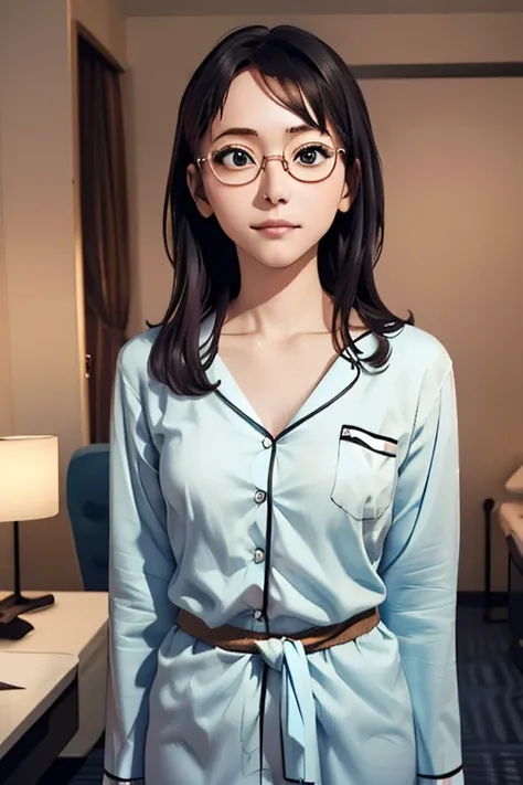 (masterpiece, highest quality), One Girl,  Satou, Satou, Glasses, pajamas, Satou, Glasses, 赤いフレームのGlasses, In bed:1.5,Head to waist,Hotel Rooms,pajamas姿,