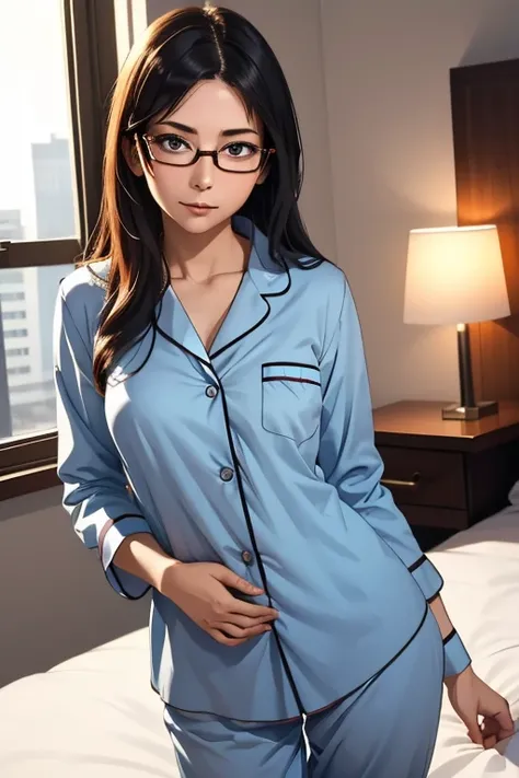 (masterpiece, highest quality), One Girl,  Satou, Satou, Glasses, pajamas, Satou, Glasses, 赤いフレームのGlasses, In bed:1.5,Head to waist,Hotel Rooms,pajamas姿,