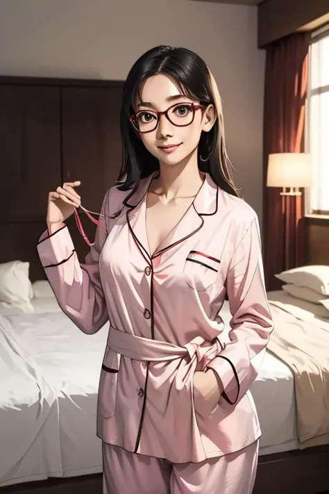 (masterpiece, highest quality), One Girl,  Satou, Satou, Glasses, pajamas, Satou, Glasses, 赤いフレームのGlasses, In bed:1.5,Head to waist,Hotel Rooms,pajamas姿,