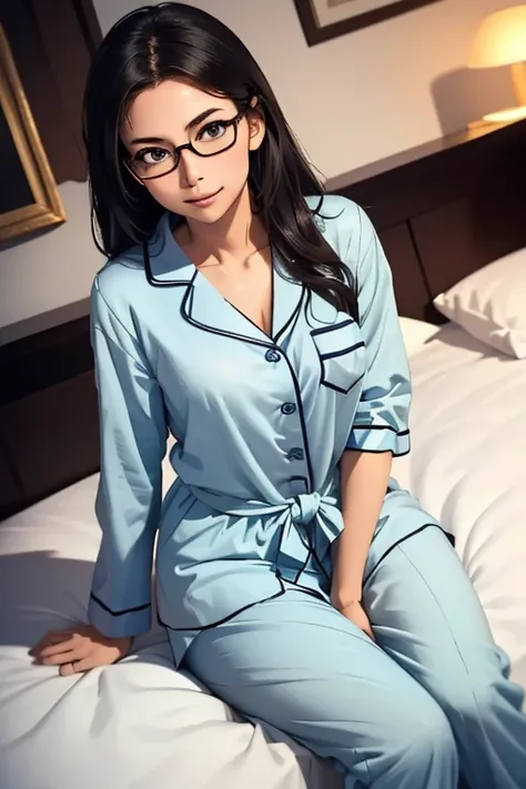 (masterpiece, highest quality), One Girl,  Satou, Satou, Glasses, pajamas, Satou, Glasses, 赤いフレームのGlasses, In bed:1.5,Head to waist,Hotel Rooms,pajamas姿,