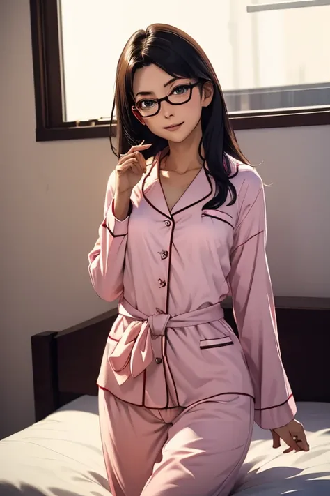 (masterpiece, highest quality), One Girl,  Satou, Satou, Glasses, pajamas, Satou, Glasses, 赤いフレームのGlasses, In bed:1.5,Head to waist,Hotel Rooms,pajamas姿,