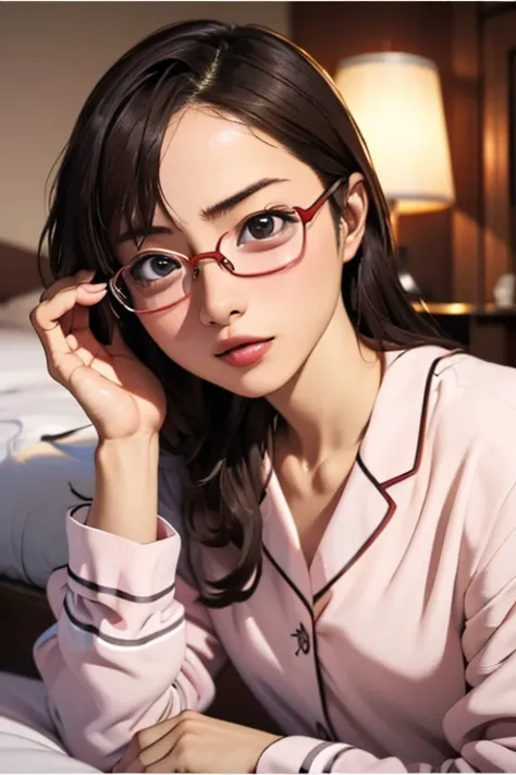 (masterpiece, highest quality), One Girl,  Satou, Satou, Glasses, pajamas, Satou, Glasses, 赤いフレームのGlasses, In bed:1.5,Head to waist,Hotel Rooms,pajamas姿,