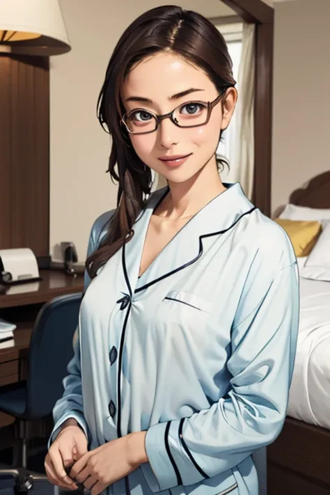 (masterpiece, highest quality), One Girl,  Satou, Satou, Glasses, pajamas, Satou, Glasses, 赤いフレームのGlasses, In bed:1.5,Head to waist,Hotel Rooms,pajamas姿,