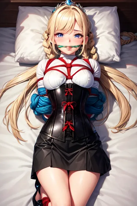 Shiny blond hair, very long hair, sophisticated haircut, ((((hair fully braided)))), ((small twisted braids)), thin and oval face, submissive, (((gagged))), ((((black tight corset)))), ((((tight skirt)))), cute and blushing 18 years old anime girl, look aw...