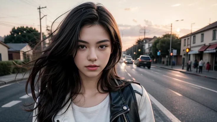 Gorgeous 20 year old European woman, Black wavy hair,  Standing on the road, Bike in the background, White cotton crop top, Super Short Denim Shorts, leather jacket, Looking at the camera, Full body photo (In the light of the sunset:1.2),
Perfect Eyes, Per...