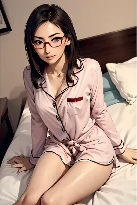 (masterpiece, highest quality), one girl,  satou, satou, glasses, pajamas, satou, glasses, 赤いフレームのglasses, in bed:1.5,head to wa...