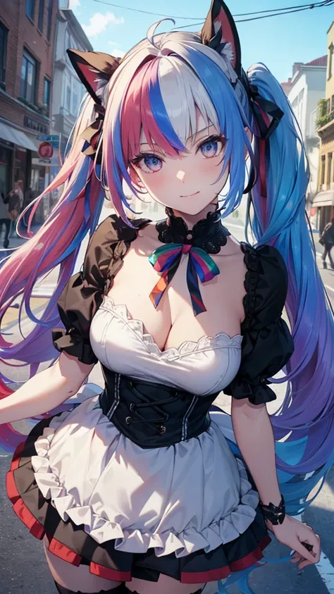 (Tabletop:1.3), (8k, Realistic, RAW Photos, highest quality: 1.4), Beautiful Face, (Realistic Face), Beautiful fine details, (Realistic Skin), Charm, Intricate details,Golden Ratio,  1 girl,Mischievous Smile, (Rainbow Hair:1.4),((Long twin tails,Ribbon 1.4...