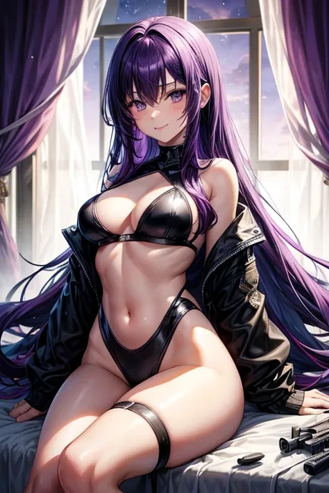 Draw Misha Fox, an anime-style female character.  straight purple hair reaching the middle of her back, thin purple eyebrows, purple eyes, smile.  small and firm breasts, thin waist, big and perky ass, athletic body.  wearing very sexy tight black clothes ...