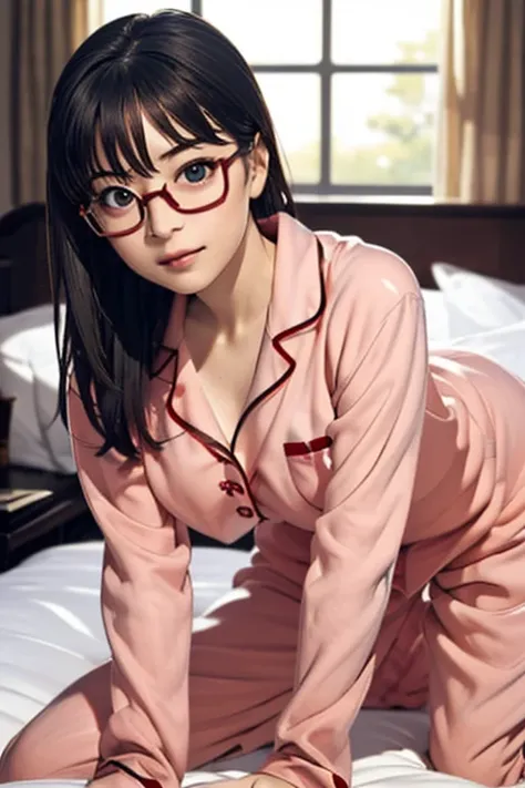 (masterpiece, highest quality), One Girl,  Satou, Satou, Glasses, pajamas, Satou, Glasses, 赤いフレームのGlasses, In bed:1.5,Head to waist,Hotel Rooms,pajamas姿,